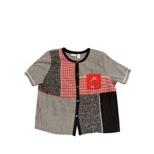Napa Valley Womens 1X Patchwork Gingham Plaid Giraffe Embroidered Button Up Top